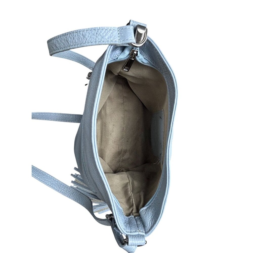 Italian-Made Light Blue Genuine Leather Shoulder Bag With Zip Closure & Tassel - Picture 5 of 9